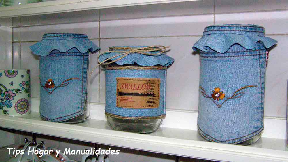 Cómo reciclar botes de cristal con tela vaquera