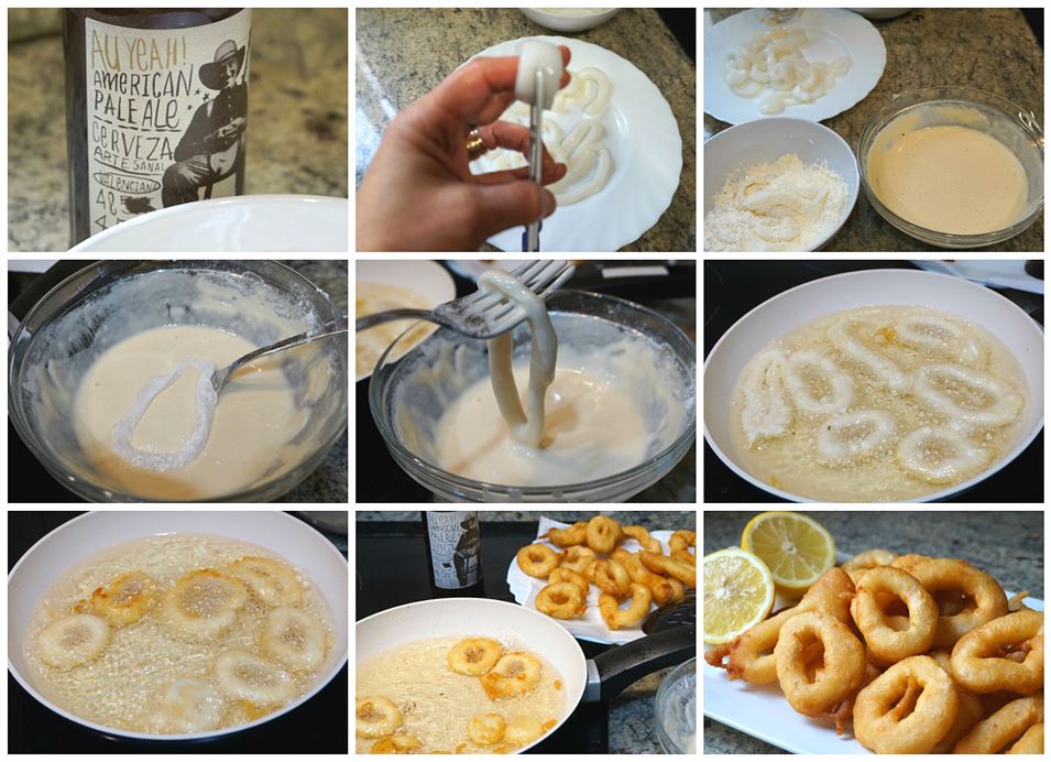  Preparación de los calamares a la romana con cerveza.