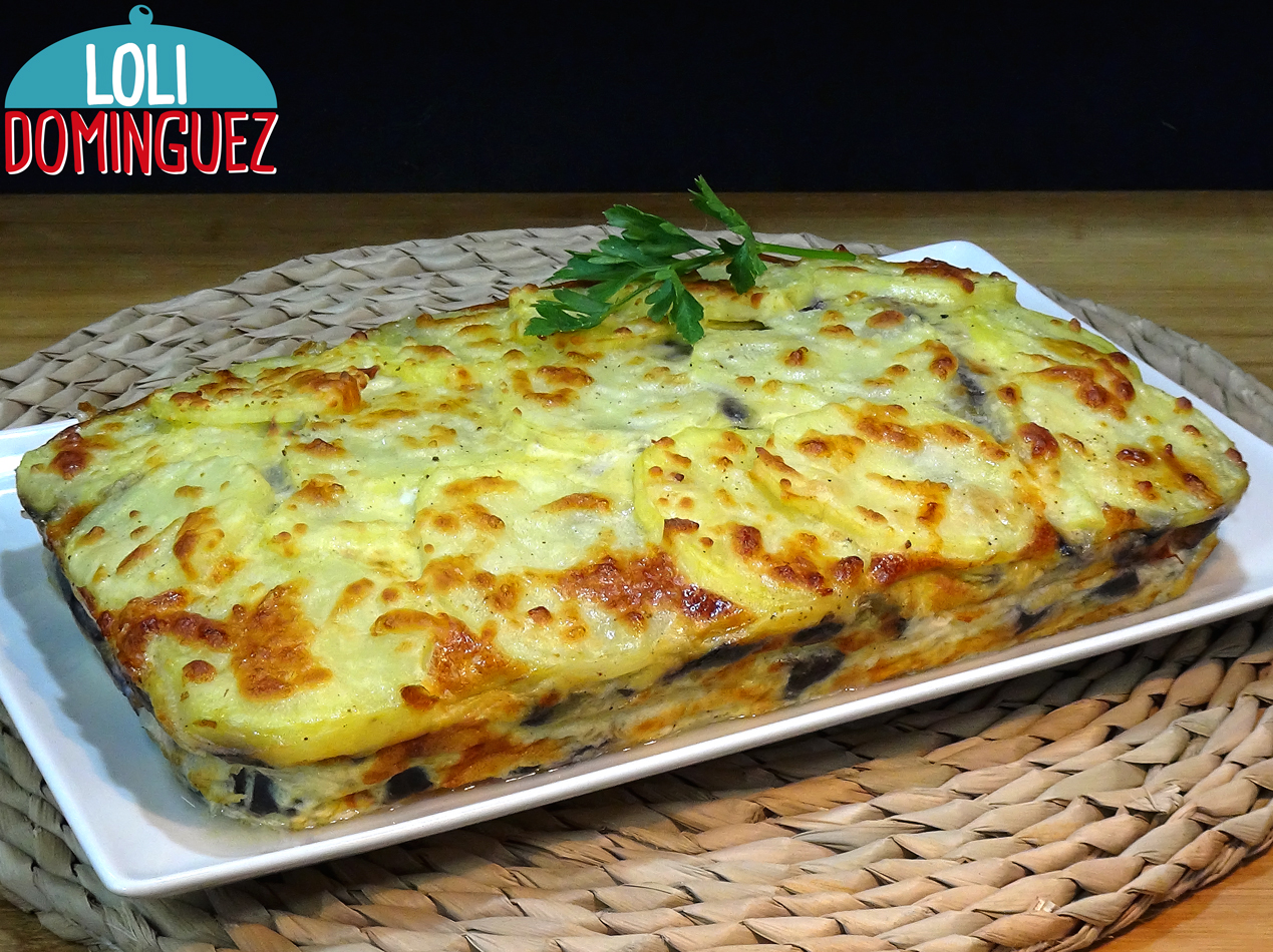 Pastel de patatas, berenjenas, jamón york y queso, súper fácil y SIN FRITOS. Una receta muy económica y rápida de preparar